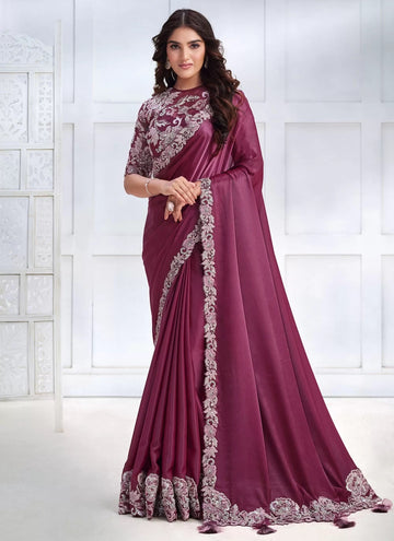 Magenta Faux Crepe Embroidered Work Trendy Saree For Women