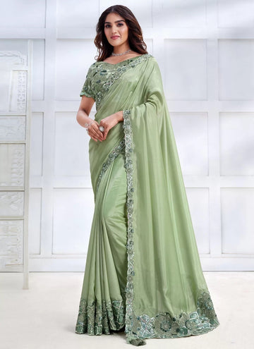 Green Tussar Silk Classic Saree With Embroidered And Sequins Work