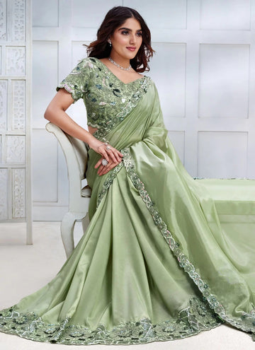 Green Tussar Silk Classic Saree With Embroidered And Sequins Work