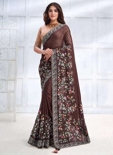 Adorable Brown Georgette Embroidered Party wear Saree