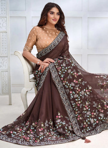 Adorable Brown Georgette Embroidered Party wear Saree