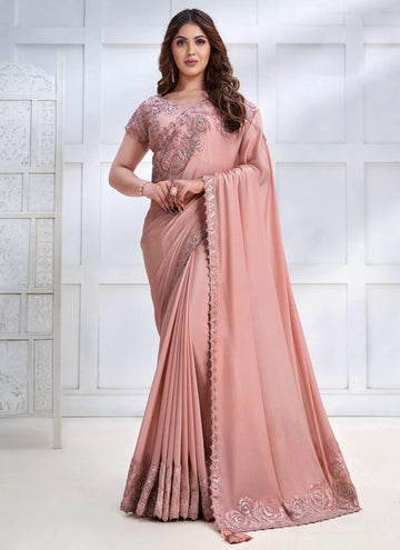 Peach Designer Georgette Saree With Embroidered Work