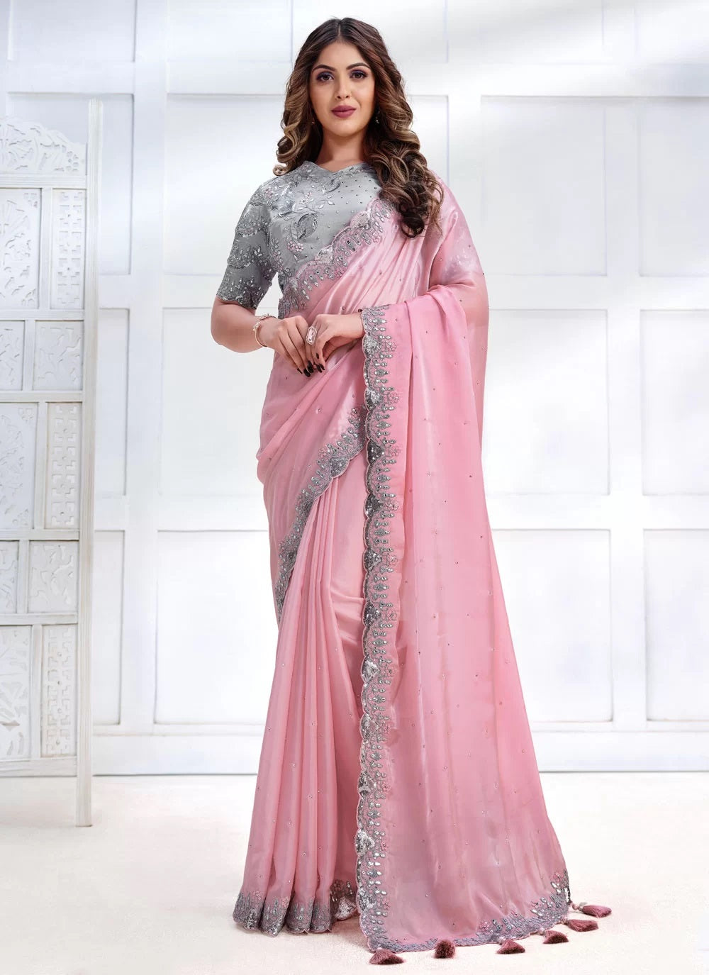 Pink Color Crepe Silk Indian wedding Saree