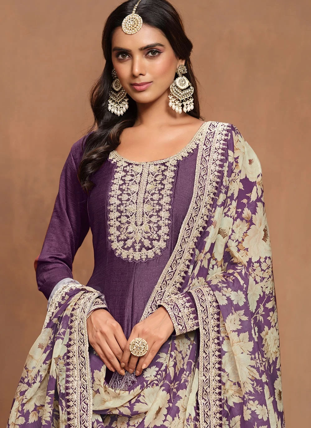 Purple Art Silk Embroidered Indian Long Anarkali