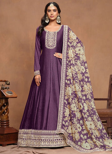 Purple Art Silk Embroidered Indian Long Anarkali