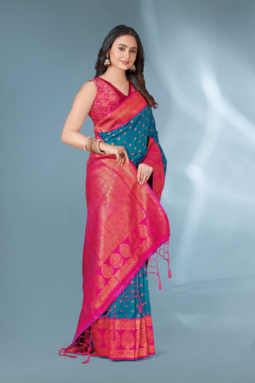 Cyan Blue Polka Paithani Silk Contrast Zari Woven Saree with Unstitched Blouse