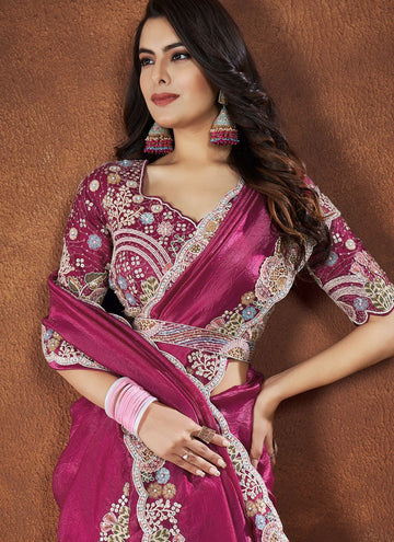 Ready to wear Pink Banarasi Crush Silk Indian Saree