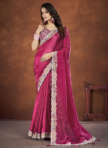 Ready to wear Pink Banarasi Crush Silk Indian Saree