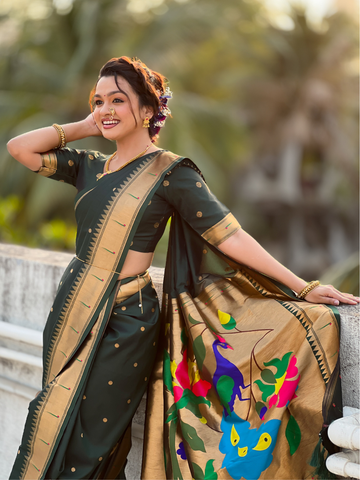 Bottle Green Wedding Special Nauvari Paithani Soft Silk Saree with Zari Woven Polka Motifs and Peacock Pallu