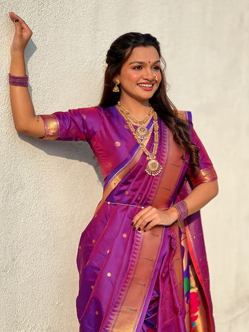 Special Nauvari Paithani Soft Silk Saree witPurple Weddingh Zari Woven Polka Motifs and Peacock Pallu
