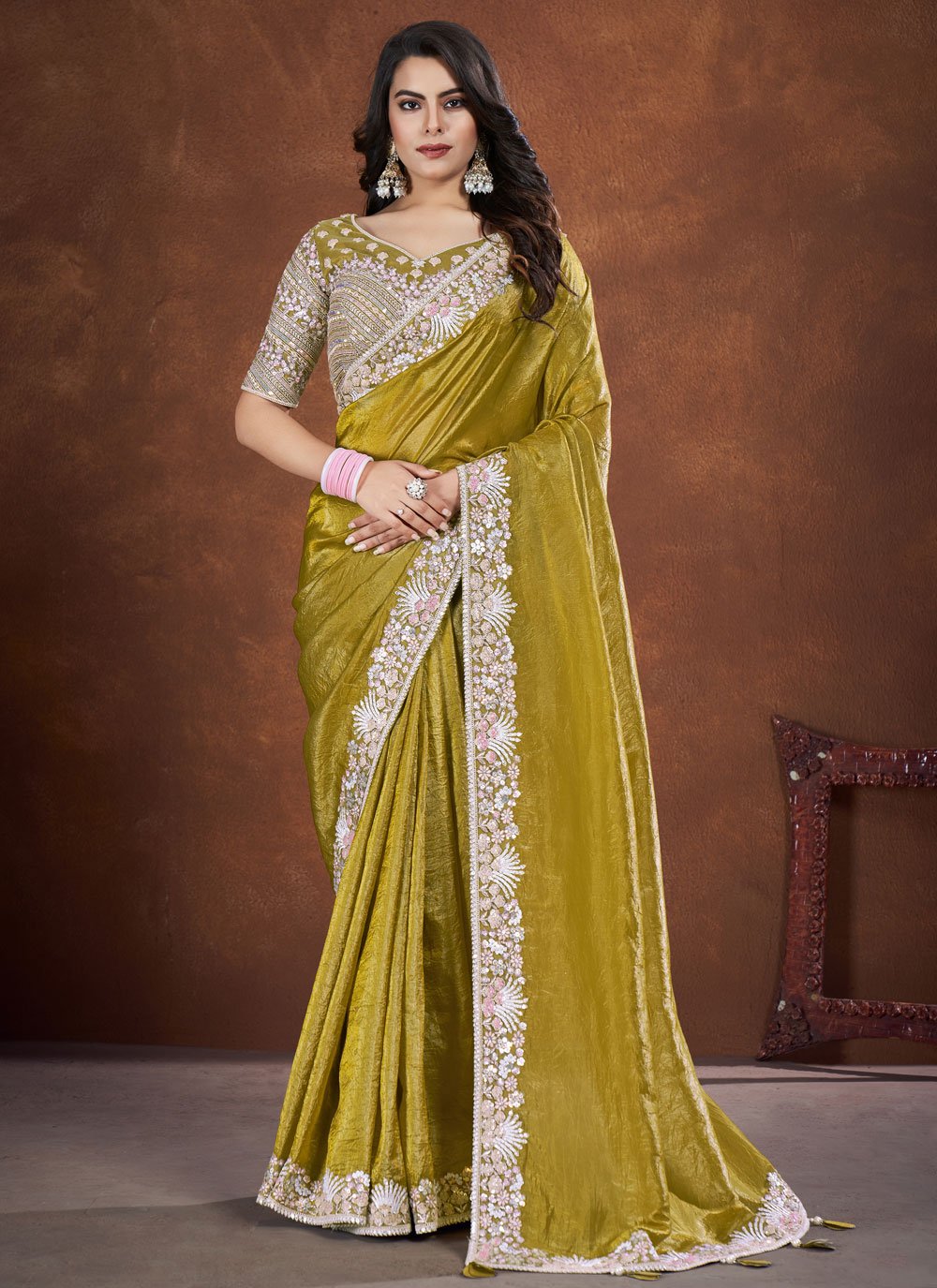 Green Banarsi Crush Silk Readymade Saree