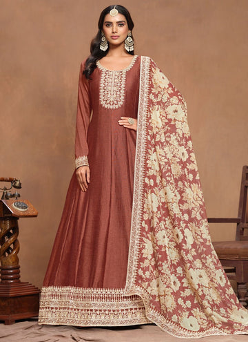 Art Silk Embroidered Indian Anarkali In Rust