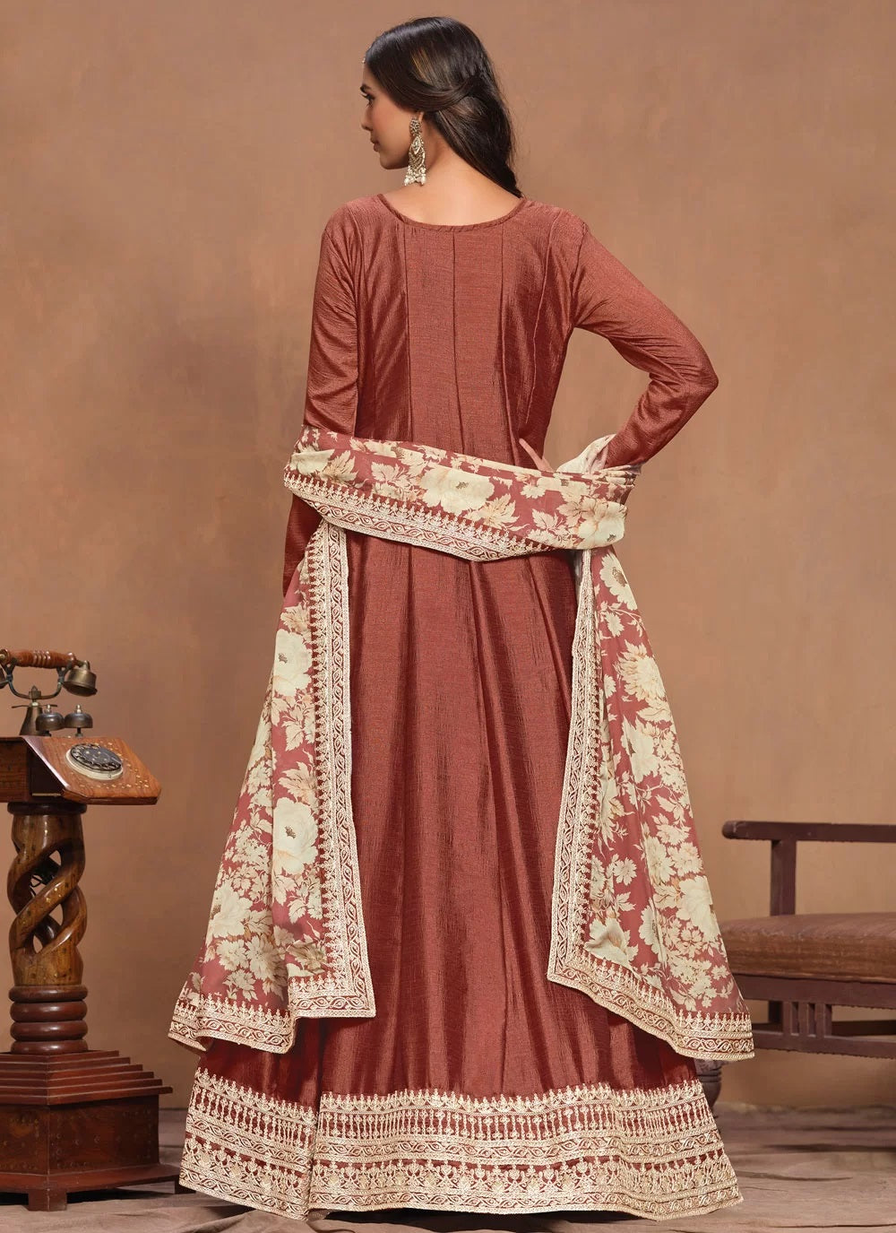 Art Silk Embroidered Indian Anarkali In Rust