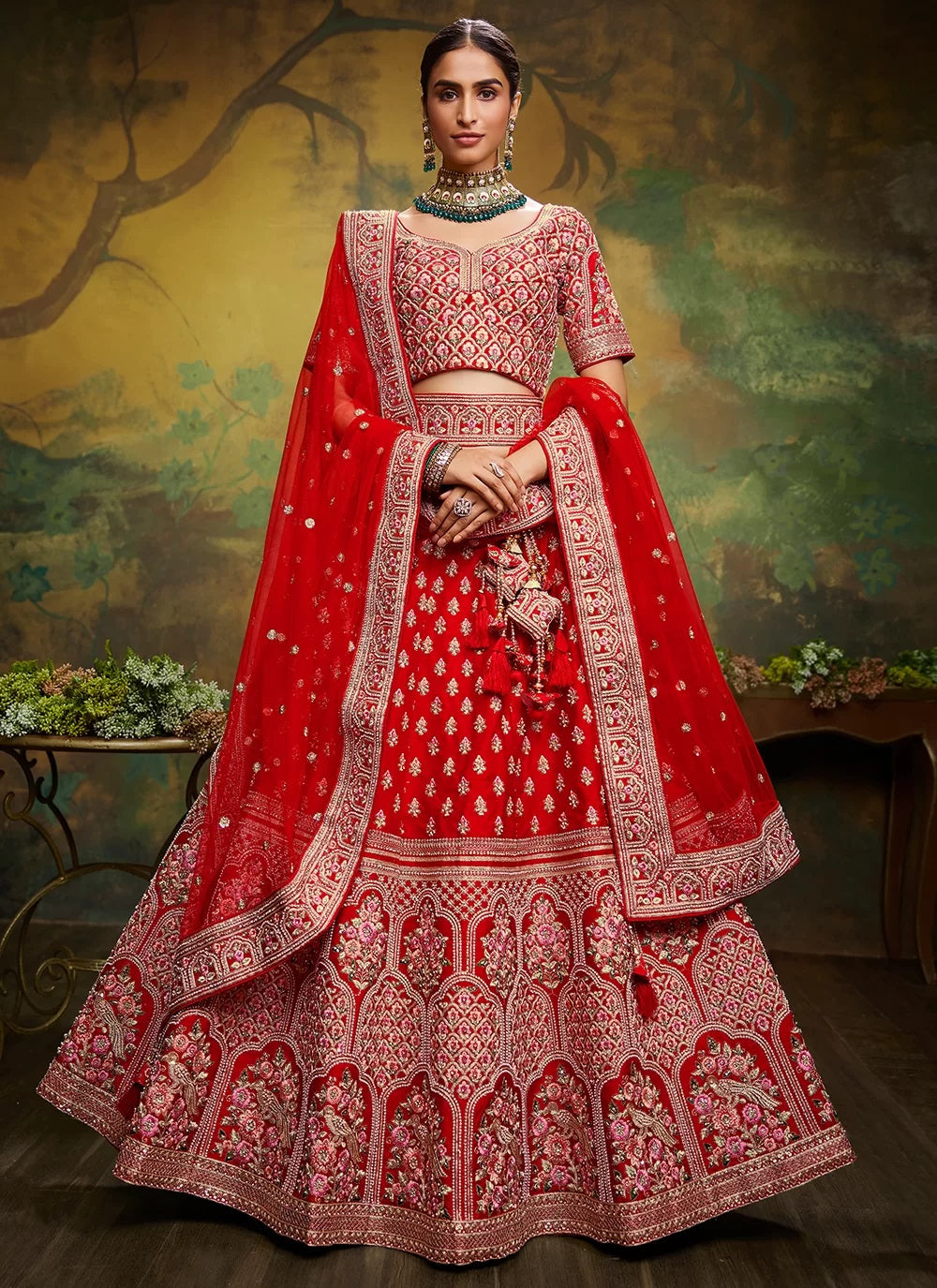 Red Silk Stone A Line Lehenga Choli