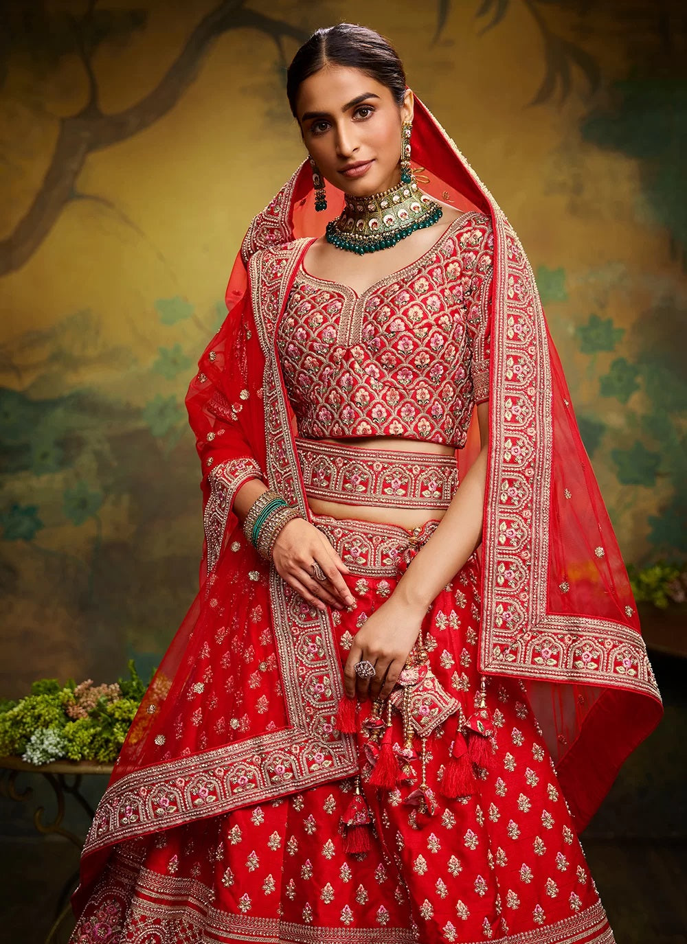 Red Silk Stone A Line Lehenga Choli