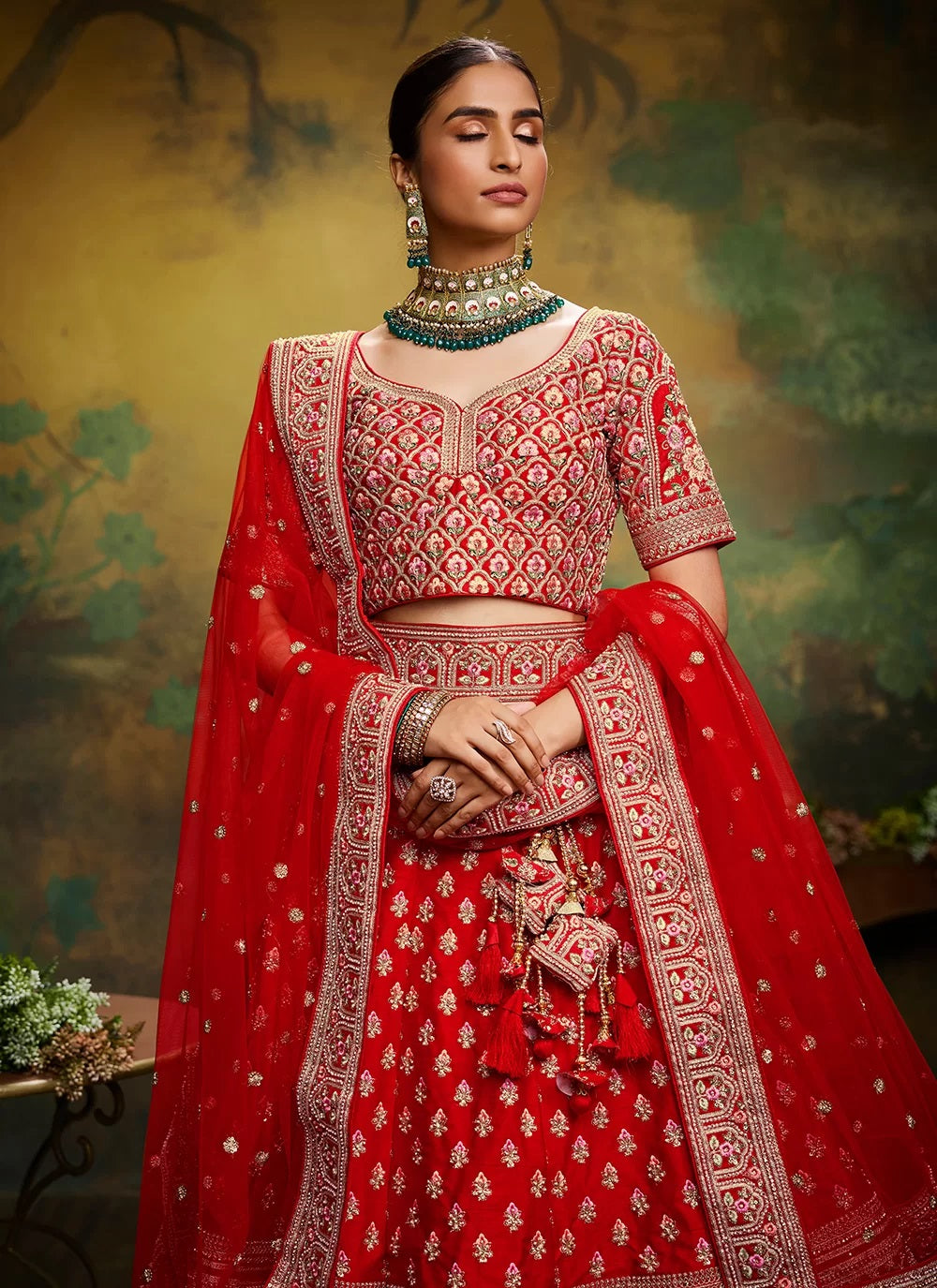 Red Silk Stone A Line Lehenga Choli