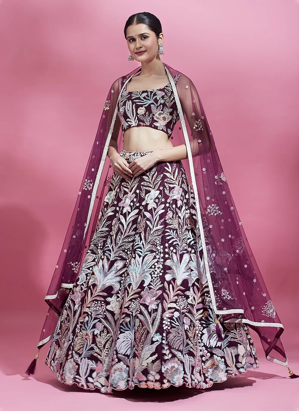 Burgundy Net Indian Wedding Lehenga