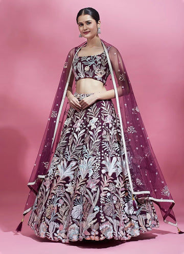 Burgundy Net Indian Wedding Lehenga