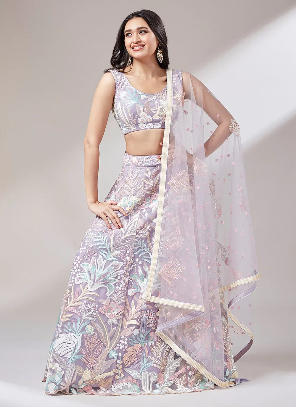 Muave Net Sequinned Wedding Lehenga Choli