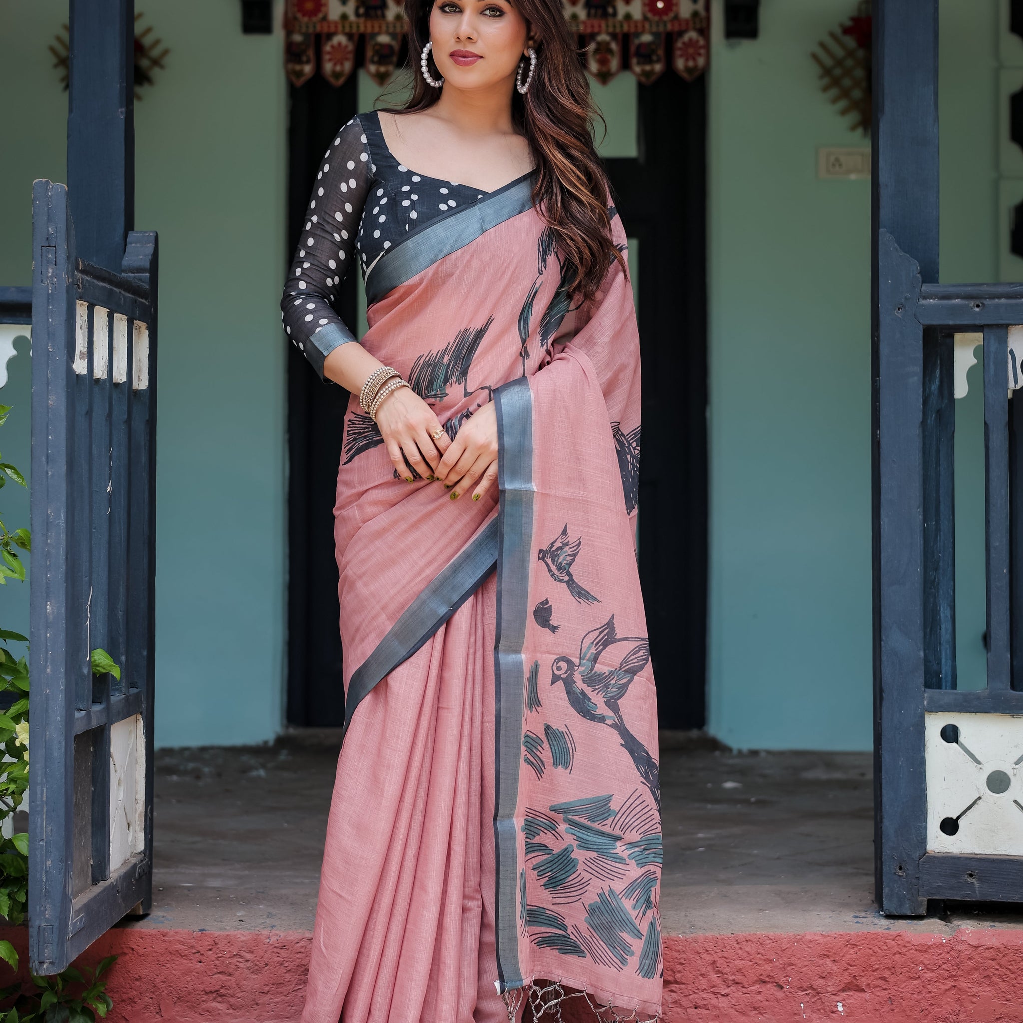Blush Pink Pure Cotton Linen Saree with Contrast Polka Dot Blouse and Tassel Detailing