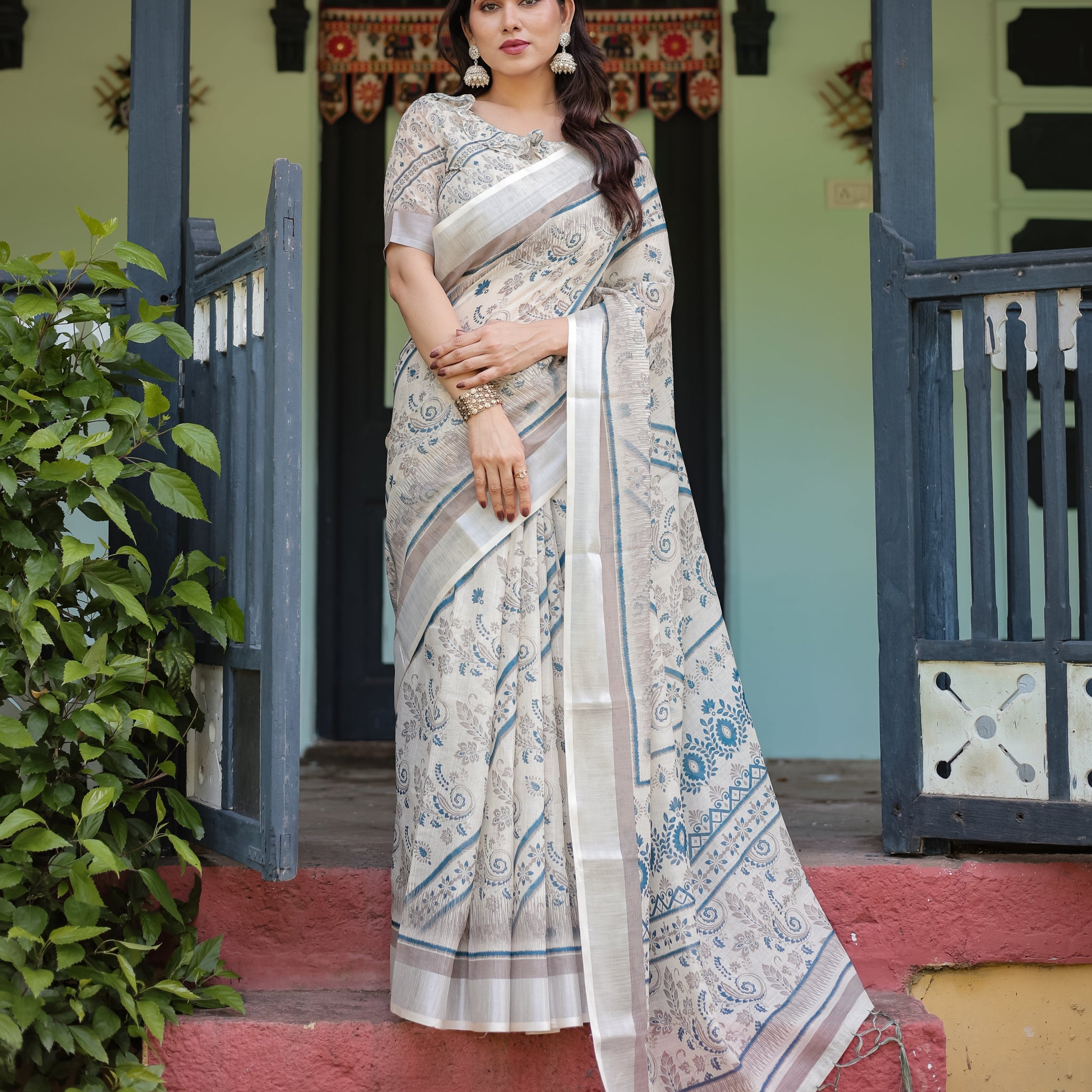 Beige and Blue Floral Printed Pure Cotton Linen Saree with Blouse and Tassels
