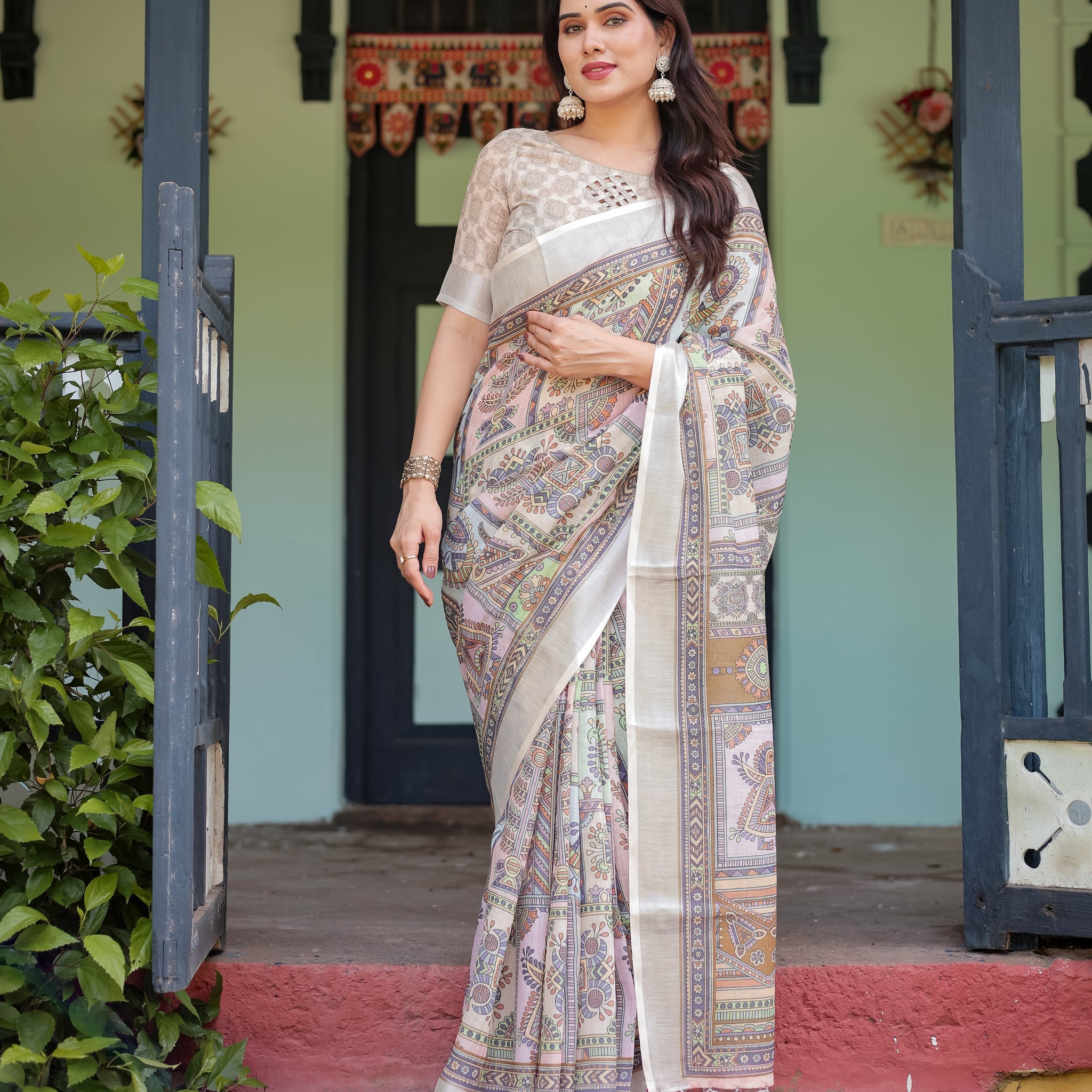 Cream and Pastel Multicolour Printed Pure Cotton Linen Saree with Blouse and Tassels on Edges