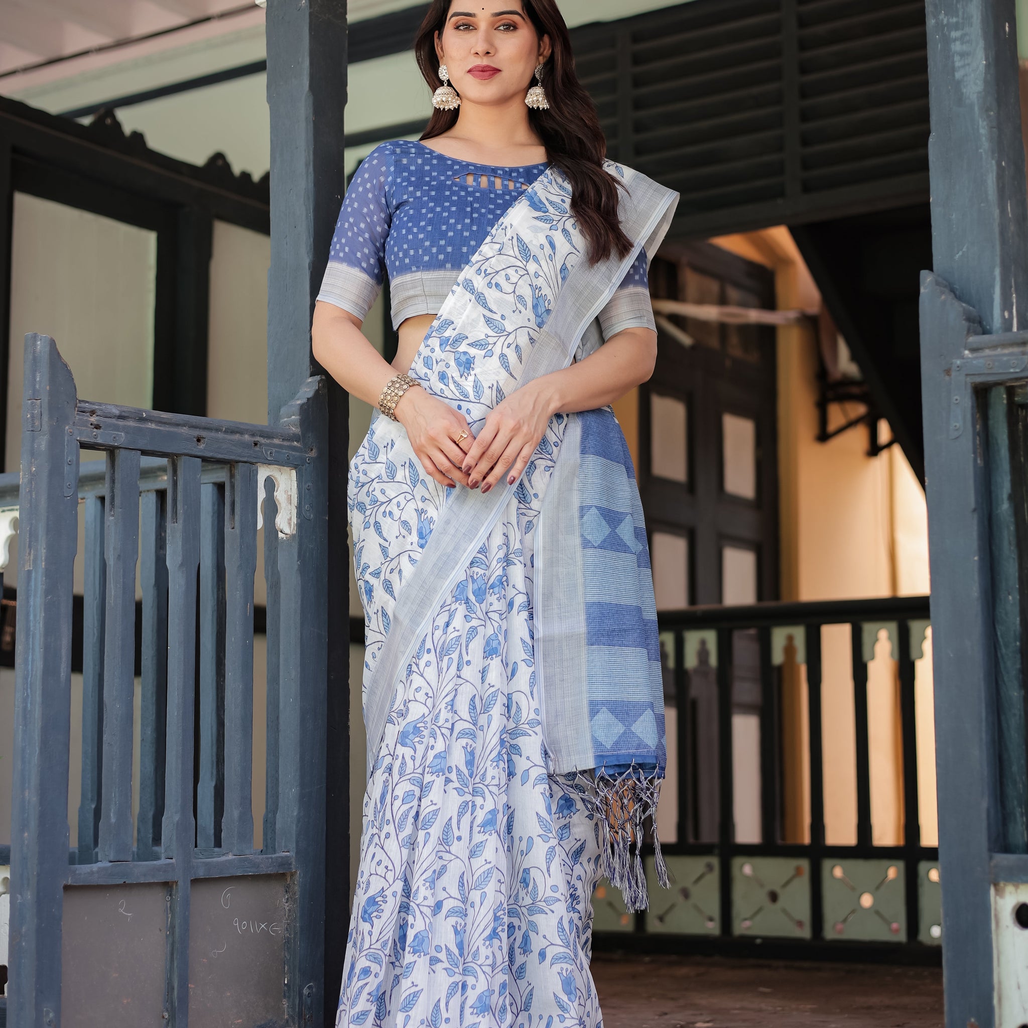 Blue and White Floral Pure Cotton Linen Saree with Blouse and Tassels