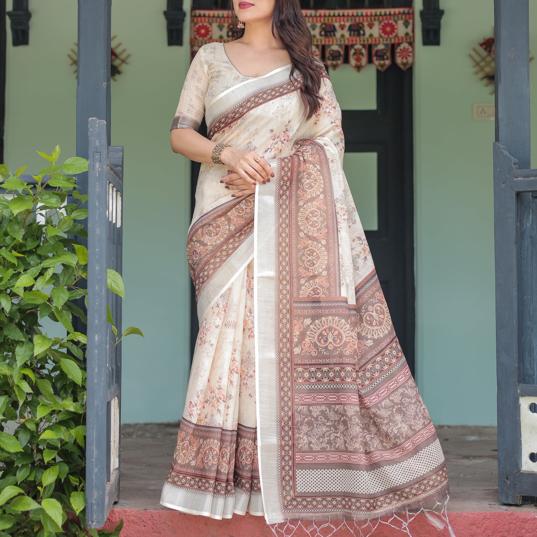 Cream and Brown Floral Print Pure Cotton Linen Saree with Blouse and Tassels on Edges