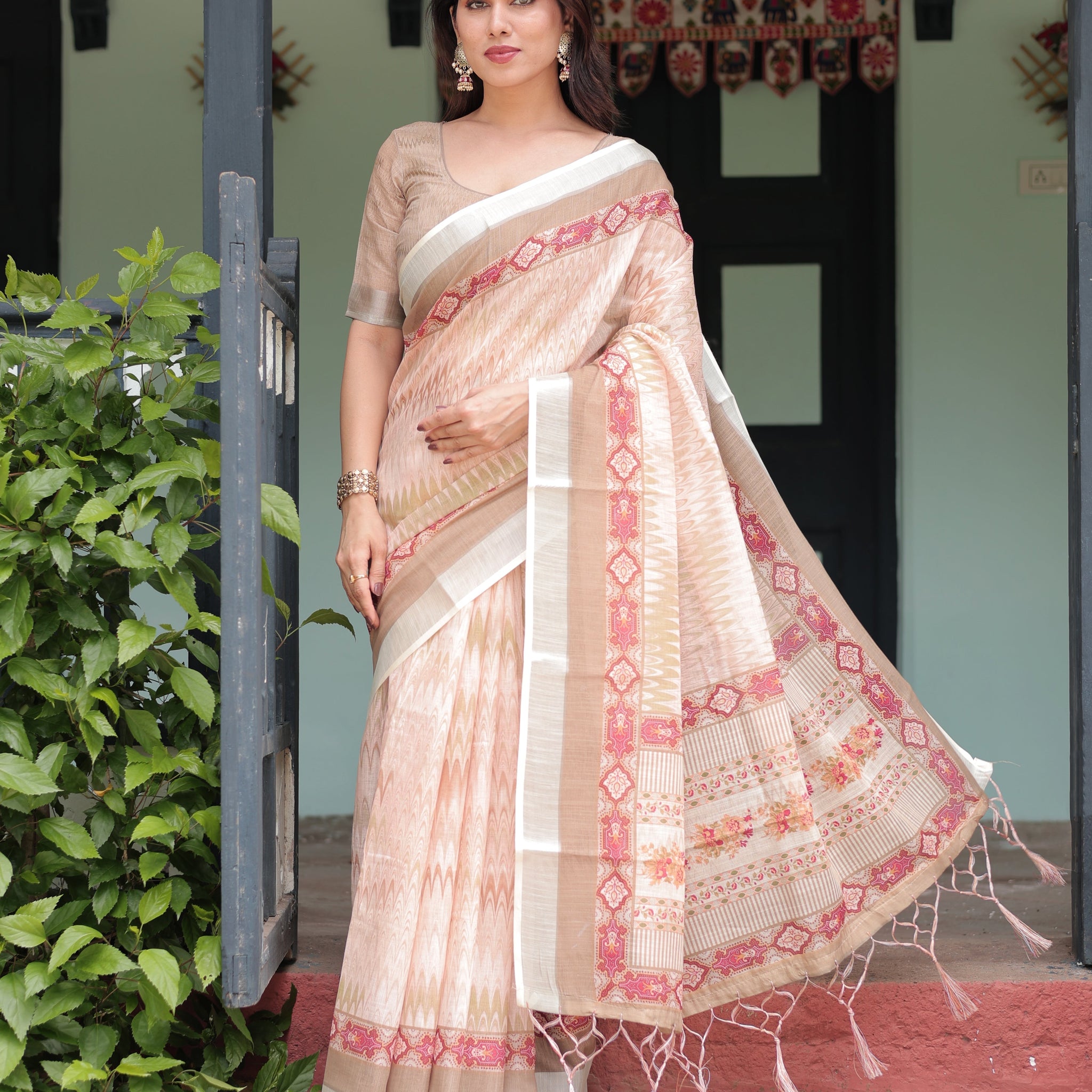 Beige and Pink Floral Printed Pure Cotton Linen Saree with Blouse and Tassels on Edges