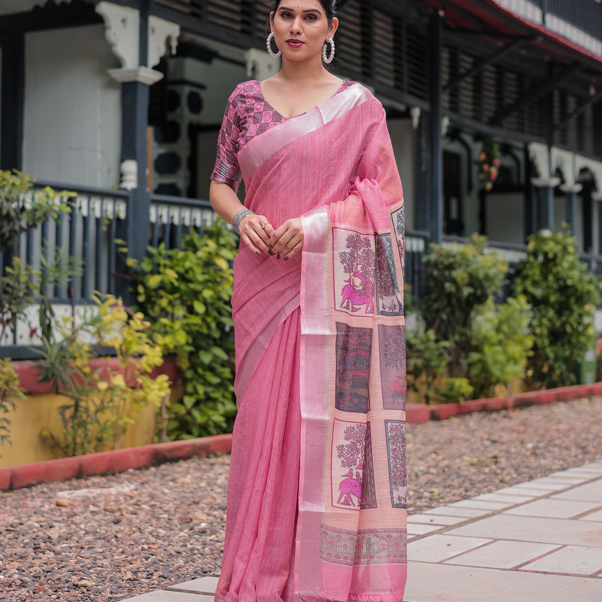 Pink Pure Cotton Linen Saree with Floral and Nature Print, Silver Border & Tassels