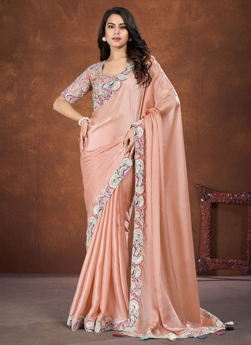 Peach Embroidered Crepe Satin Silk Saree For Indian wedding