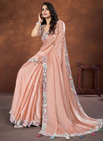 Peach Embroidered Crepe Satin Silk Saree For Indian wedding