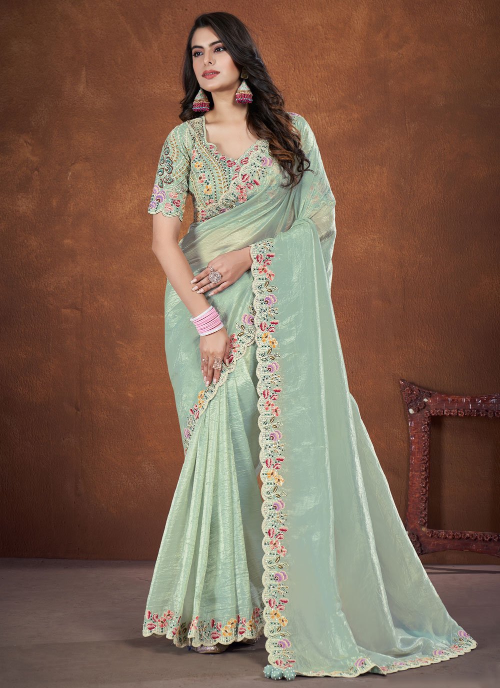 Sea Green Banarasi Crush Silk Stone Embroidery Saree