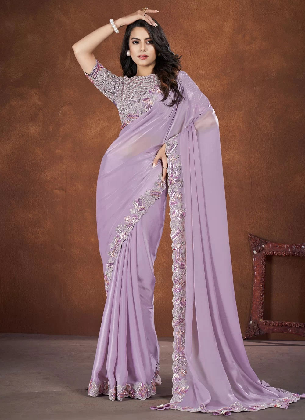 Lavender Crepe Satin Silk Wedding Indian Saree