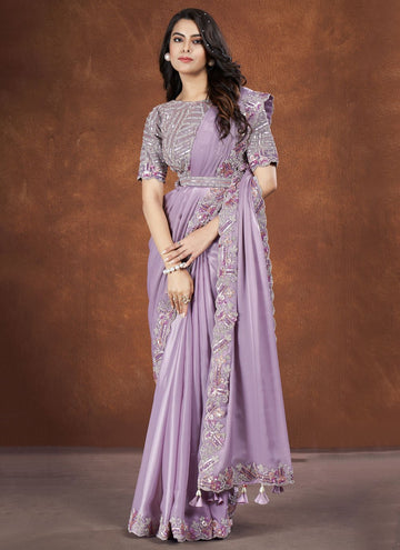 Lavender Crepe Satin Silk Wedding Indian Saree