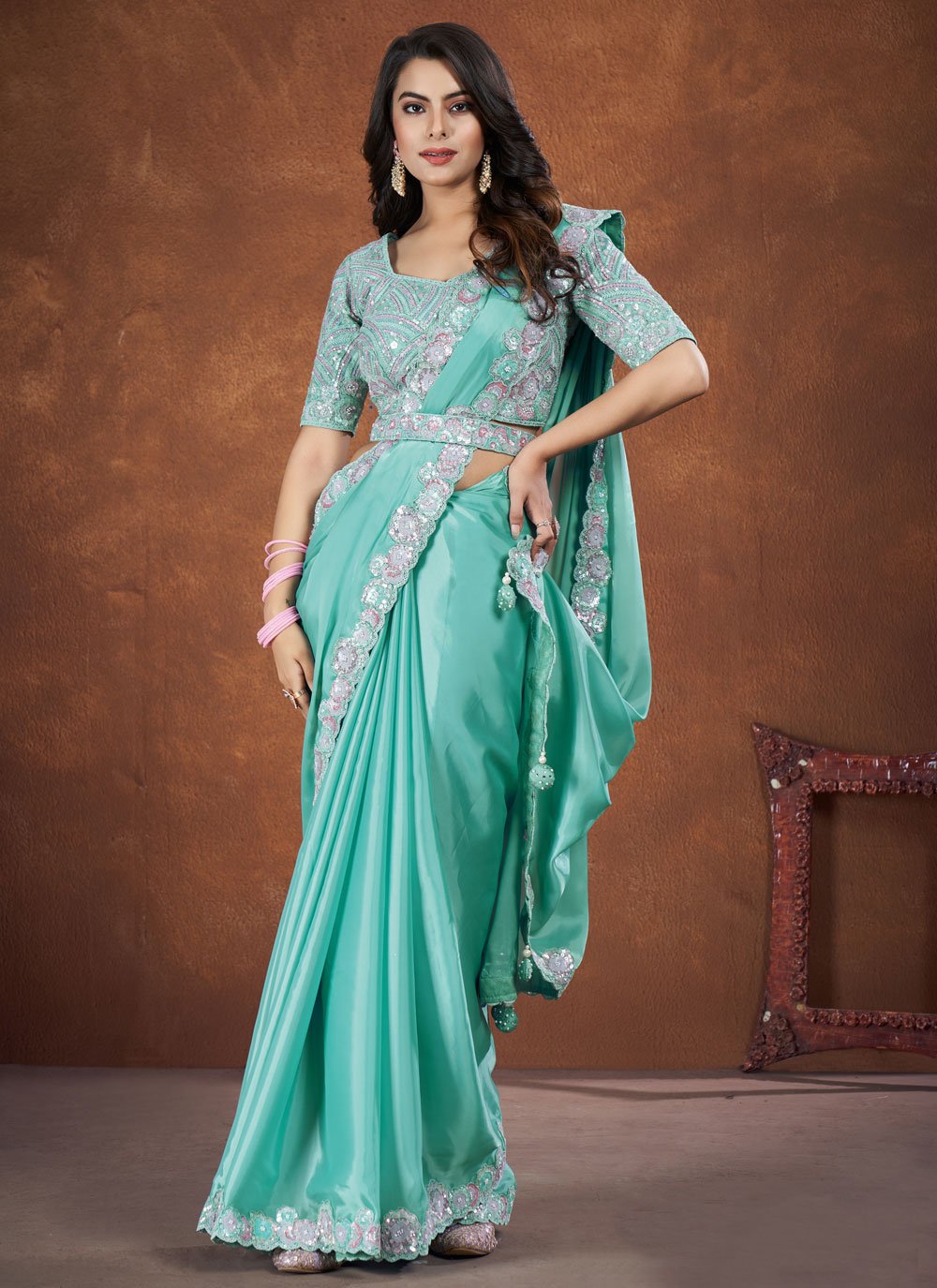 Aqua Blue Crepe Satin Silk Stone Work Indian Saree