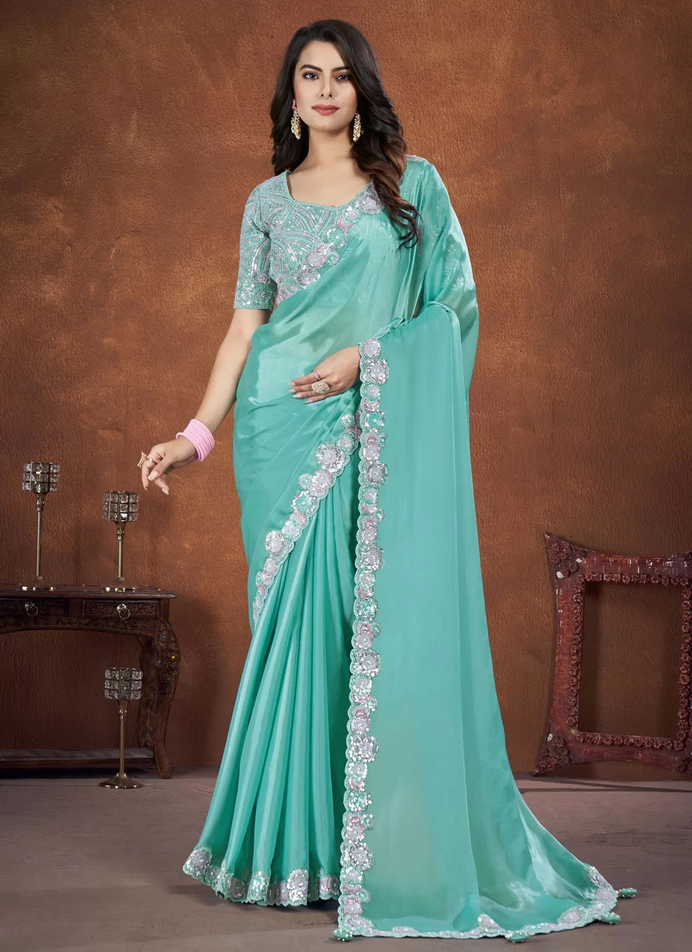 Aqua Blue Crepe Satin Silk Stone Work Indian Saree