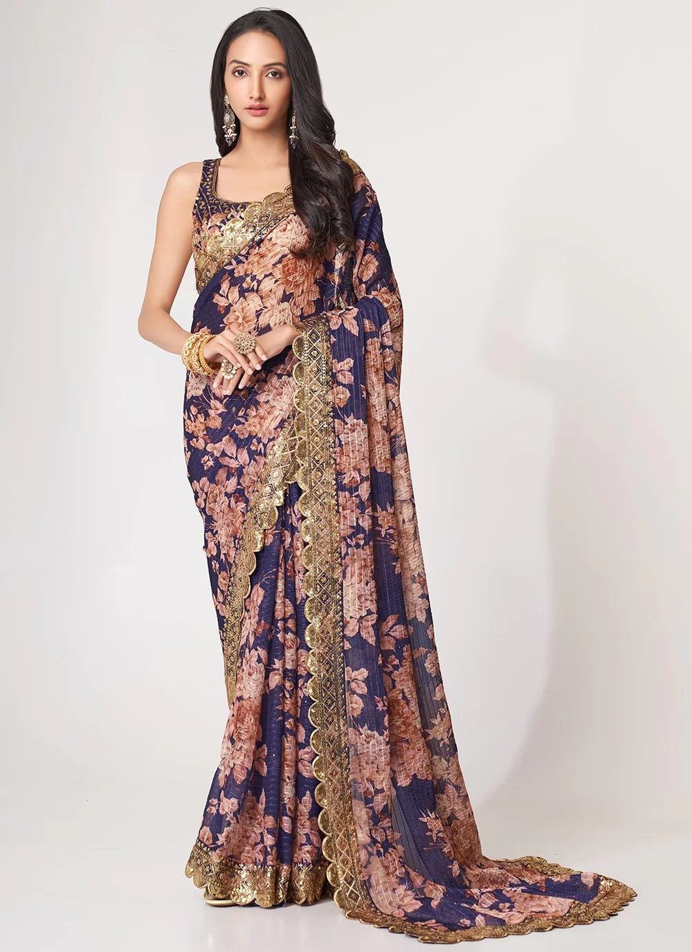 Organza Sequins Embroidery Work Digital Printed Saree In Purple