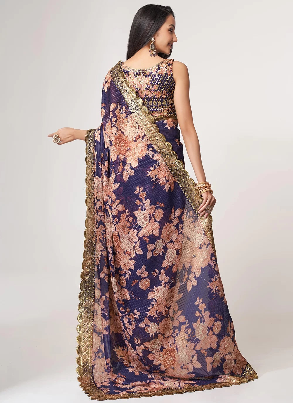 Organza Sequins Embroidery Work Digital Printed Saree In Purple