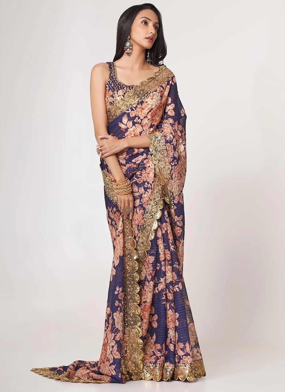 Organza Sequins Embroidery Work Digital Printed Saree In Purple