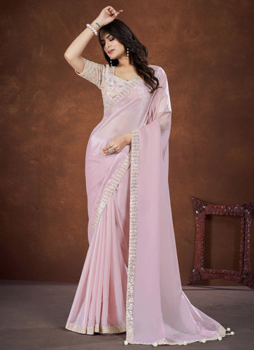 Baby Pink Crepe Satin Silk Saree For Indian Function