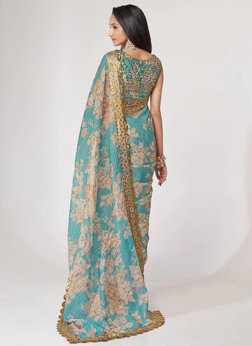 Sky Blue Organza Sequins Embroidery Work Digital Printed Saree