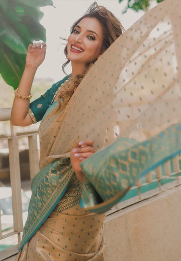 Rupali Bhosle in our Chickoo Pure Tissue Zari Woven Saree with Contrast Weaves