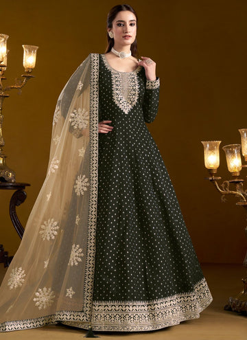 Black Chanderi Butti Work Long Anarkali Suit