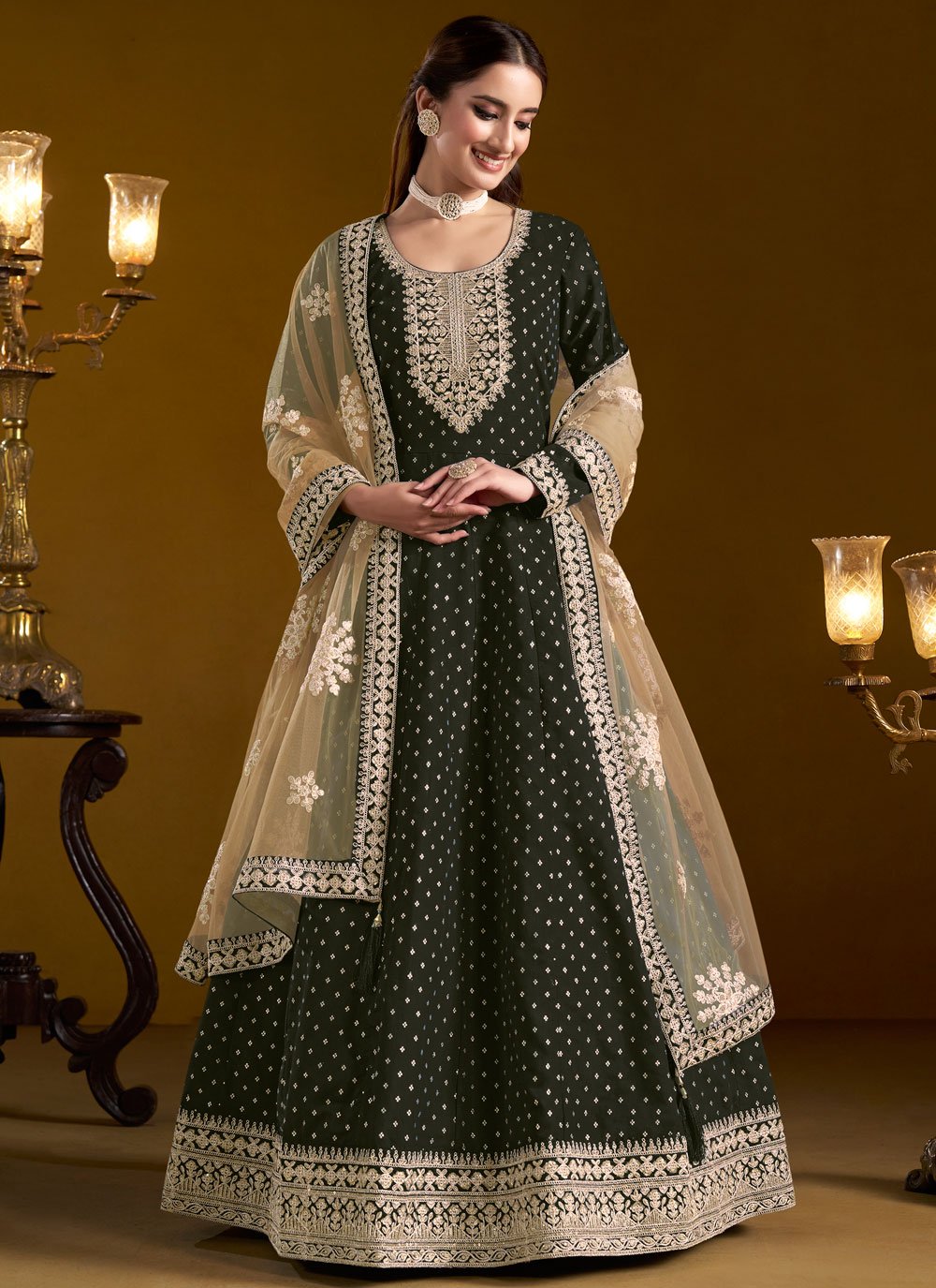 Black Chanderi Butti Work Long Anarkali Suit