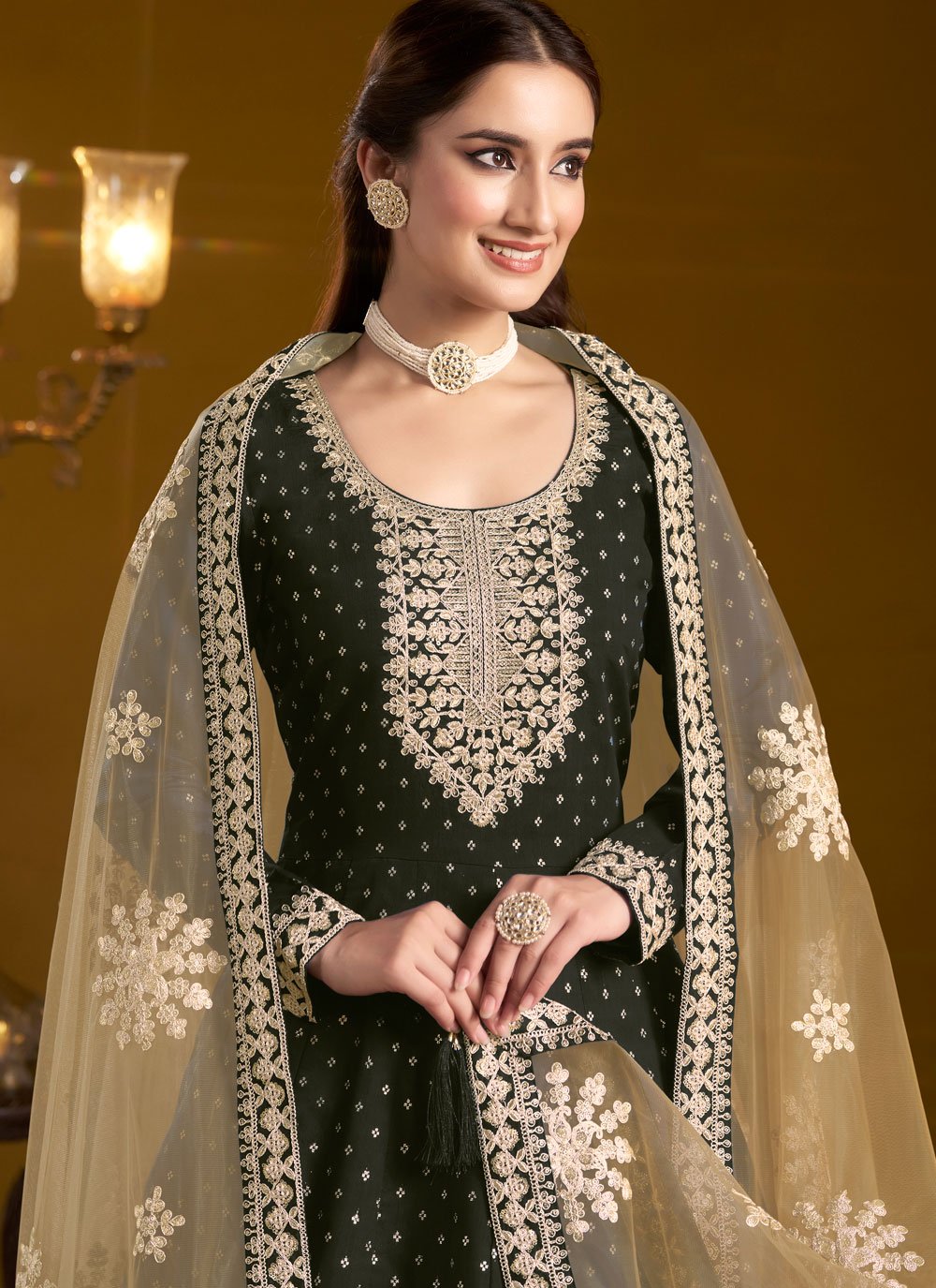 Black Chanderi Butti Work Long Anarkali Suit