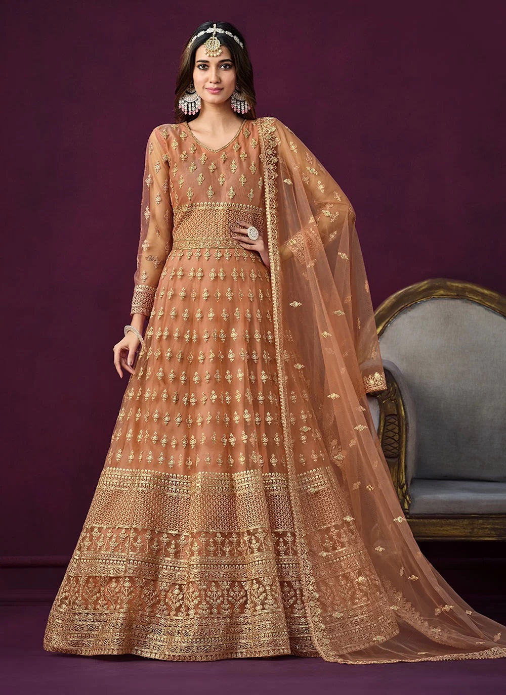 Brown Net Embroidered Indian Anarkali suit