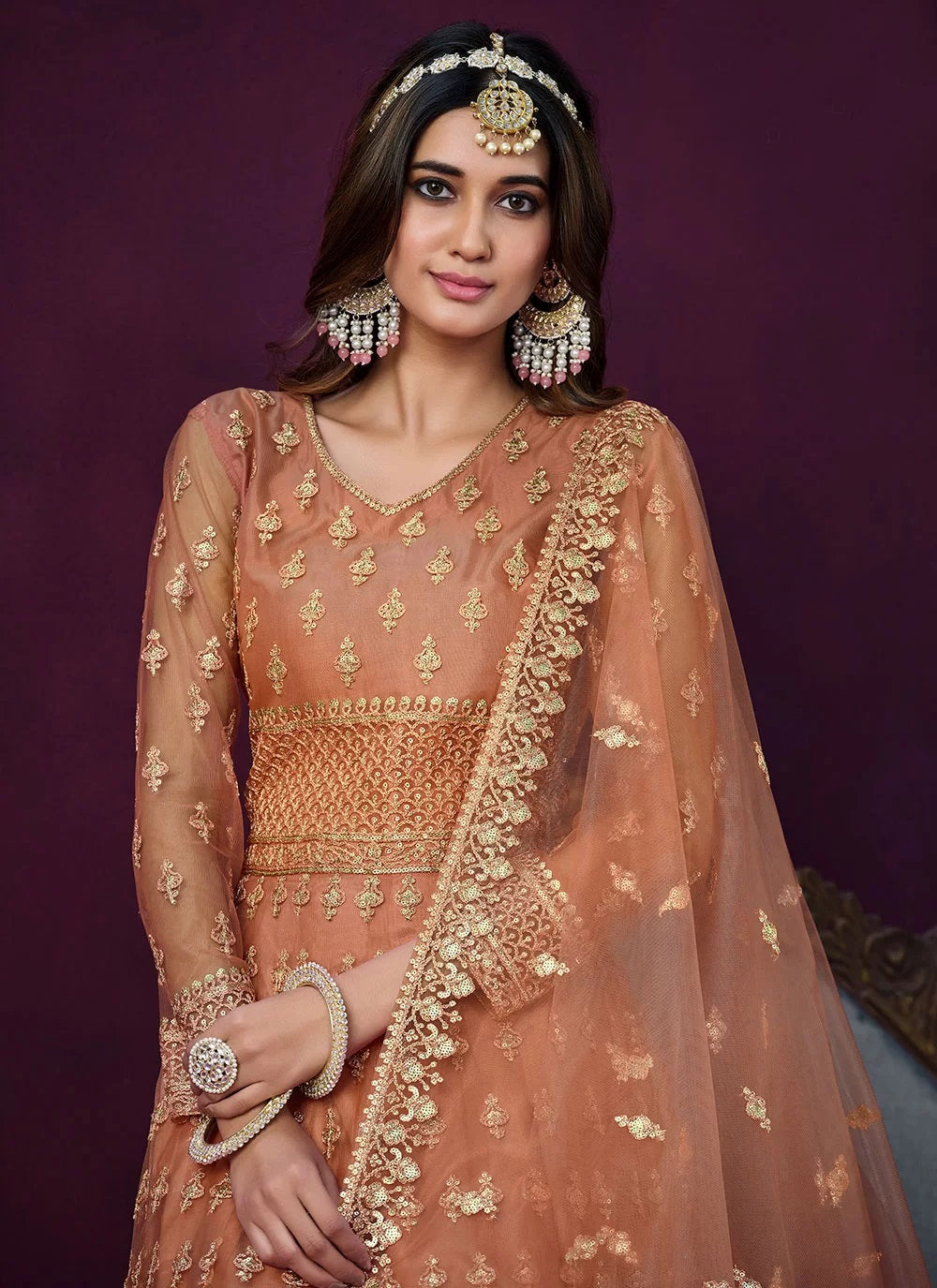 Brown Net Embroidered Indian Anarkali suit