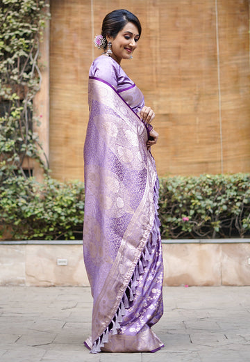 Divya in our Lavender Banarasi Jaal Satin Silk Pink Zari Woven Saree