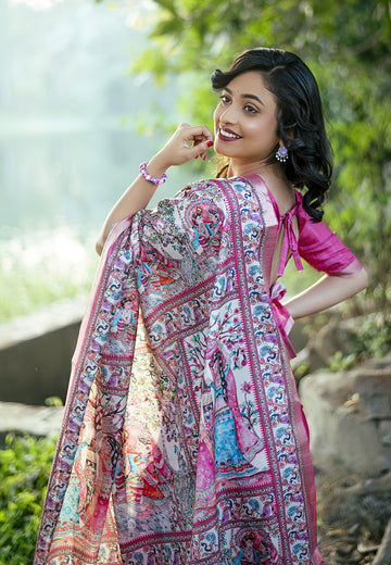 Pink Tussar Silk Madhubani Printed Saree with Zari Woven Border